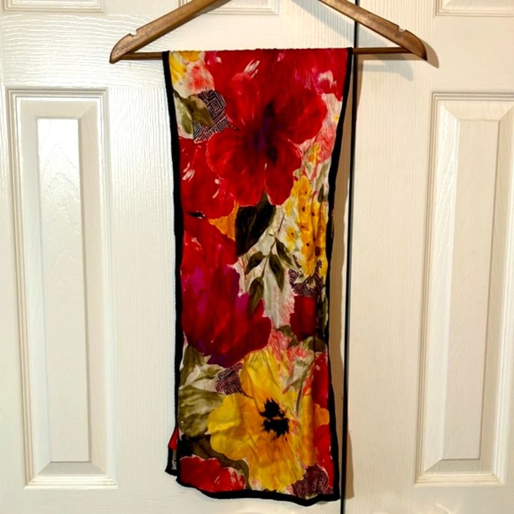Oscar De La Renta 100% Silk Scarf with Red and Yellow Flowers